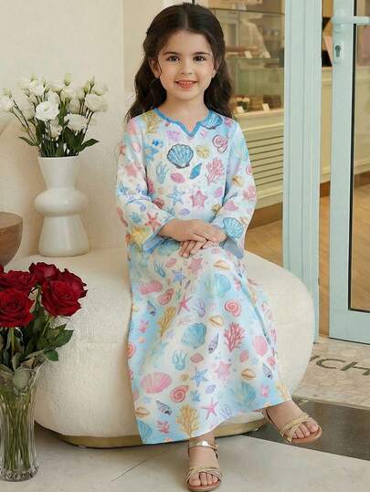 Watercolor Light Blue, Mermaid Princess Shell, Starfish, Pearl Ocean Pattern Print, Kids Jalabiya, Young Girls Casual Fashion V-Neck Loose Traditional Long Sleeve Arabic Maxi Dress, Suitable For Spring/Summer Daily, Vacation, Festival, Sweet Fashion Long Sleeve Dress, Kids Prayer Abaya, Easy Comfort, Casual Wear, Modest Kaftan, Kids Jalabiya, New Style