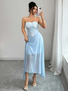 Modelyn 女士优雅刺绣网纱连衣裙，适合派对和聚会 - 藍色 - 查看 4