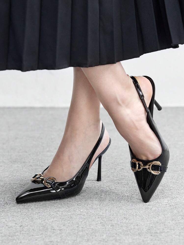 CUCCOO BIZCHIC Metal Buckle Pointed Toe Ankle Strap Stiletto Heels, European & American Fashion Style, Luxurious Quality, Ankle Strap Design, Glossy Material, Suitable For Fashion-Conscious Women, Can Be Paired With Dresses/Pants For Commuting, Dates, Light Social Occasions Valentine's Day