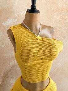 Soleia Casual Outfit For Women Beach Summer Outfits Vacation Womenvyellow 2pcs Solid Color Asymmetrical Shoulder Knit Top And Fringe Design Shorts Set - Yellow - View 6