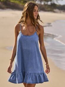 Aralina 女士夏季牛仔荷叶边迷你连衣裙，可爱情人节假日度假穿搭，Y2K斯德哥尔摩风格 - 淺色水洗藍 - 查看 3