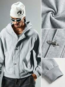ROMWE MEN Street Life Áo hoodie nam kiểu dáng thường ngày, đa năng, có khóa cài hình máy bay, màu xám. - Xám - Xem 1