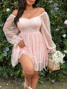 Sunnyshic Romantisches A-Linien-Kleid mit Raffungen, quadratischem Ausschnitt und Tüll-Gänseblümchen-Muster in Große Größen - Pink - Übersicht 5