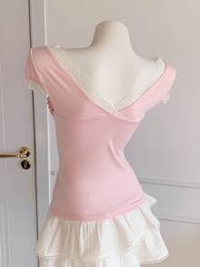 Comfortcana Women's Casual Contrast Color Lace Trim Tie Front T-Shirt, Summer Lace Trim Top Pink Babydoll Top Ruffle Top Sweetheart Neckline Tops Baby Pink Top - Pink - View 2