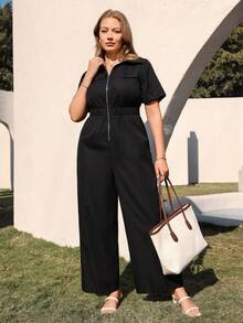 Juhart 大码女式休闲纯色V领短袖前拉链收腰长款连体裤，适合户外通勤 - 黑色 - 查看 3