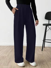 SHEIN Cottnline Women Solid Color Extra Wide Leg Pants - Navy Blue - View 3