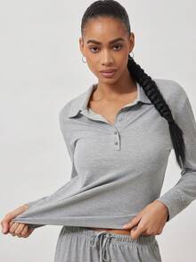 Ocili 两件套时尚休闲柔软舒适睡衣套装，竹纤维领口纽扣长袖上衣和长裤，夏季 - 灰色 - 查看 4