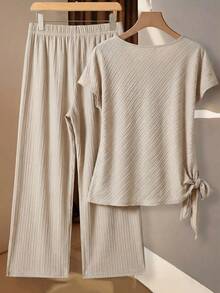 Chikora Plus Size Solid Color Minimalist Round Neck Short Sleeve Top And Pants 2 Pieces Set Mother Of The Bride Dresses For Wedding,2026 New,Suitable For Every Occasion - Apricot - View 2