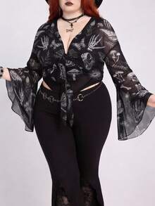 ROMWE Goth Áo khoác cardigan gợi cảm cỡ lớn dành cho nữ, họa tiết rừng tối bí ẩn, đầu lâu, nấm, bướm đêm và lá cây. - màu đen - Xem 1