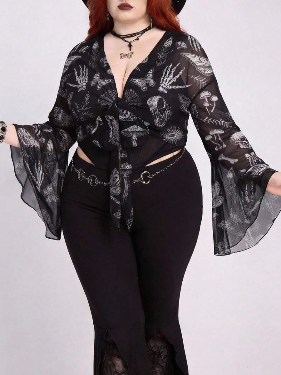 ROMWE Goth Áo khoác cardigan gợi cảm cỡ lớn dành cho nữ, họa tiết rừng tối bí ẩn, đầu lâu, nấm, bướm đêm và lá cây. - màu đen - Xem 1