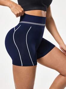 Seamluxe SHEIN Sport 1件海军蓝无缝高腰撞色运动短裤，柔软舒适，适合健身、跑步、休闲、瑜伽等运动。高腰提臀运动短裤，女士运动短裤，舒适弹力短裤，提臀收腹健身短裤，女士高腰运动短裤，运动短裤，透气舒适高弹紧身短裤，女士高腰运动短裤，女士高腰运动短裤。 - 藏蓝色 - 查看 5