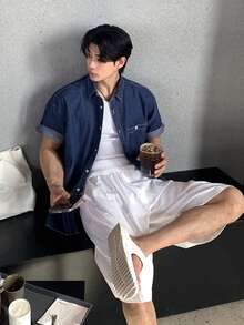 DAZY Men's Solid Blue Washed Denim Shirt, Summer - Blue - View 3