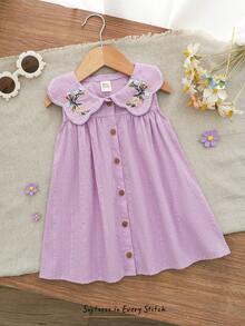 Cozy Pixies 女婴花卉刺绣图案休闲百搭彼得潘领半开襟无袖连衣裙，适合度假和户外活动，甜美可爱，充满童话田园风情。 - 淺灰紫 - 查看 8