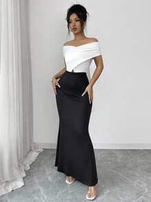Rafferiza Women's Elegant & Romantic Black & White Color Block Bodycon Maxi Dress, Versatile Styling - Brown - View 6
