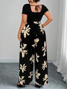 Elenzga Bộ jumpsuit nữ cỡ lớn in hoa, cổ vuông, thắt lưng, ống rộng, phong cách mùa hè, thích hợp cho kỳ nghỉ. - màu đen - Xem 2