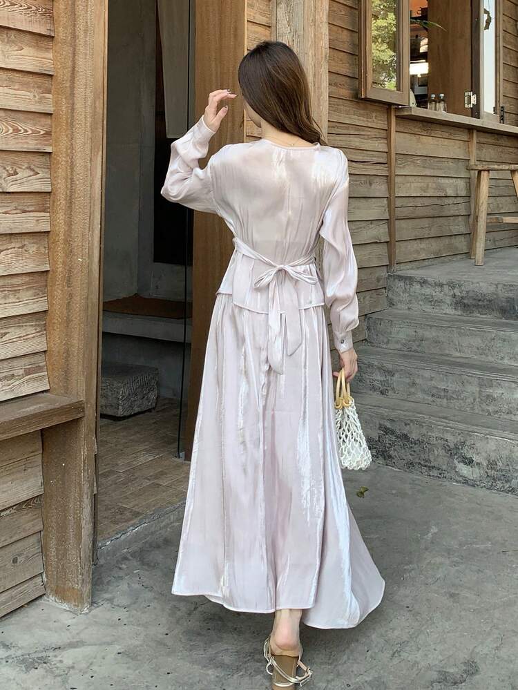 Women's V-Neck Satin Tie Blouse & Korean Style Floral Print Skirt 2 Piece Set
