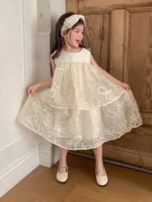 DAZY Young Girl Round Neck Sleeveless Patchwork Dress - Apricot - View 2