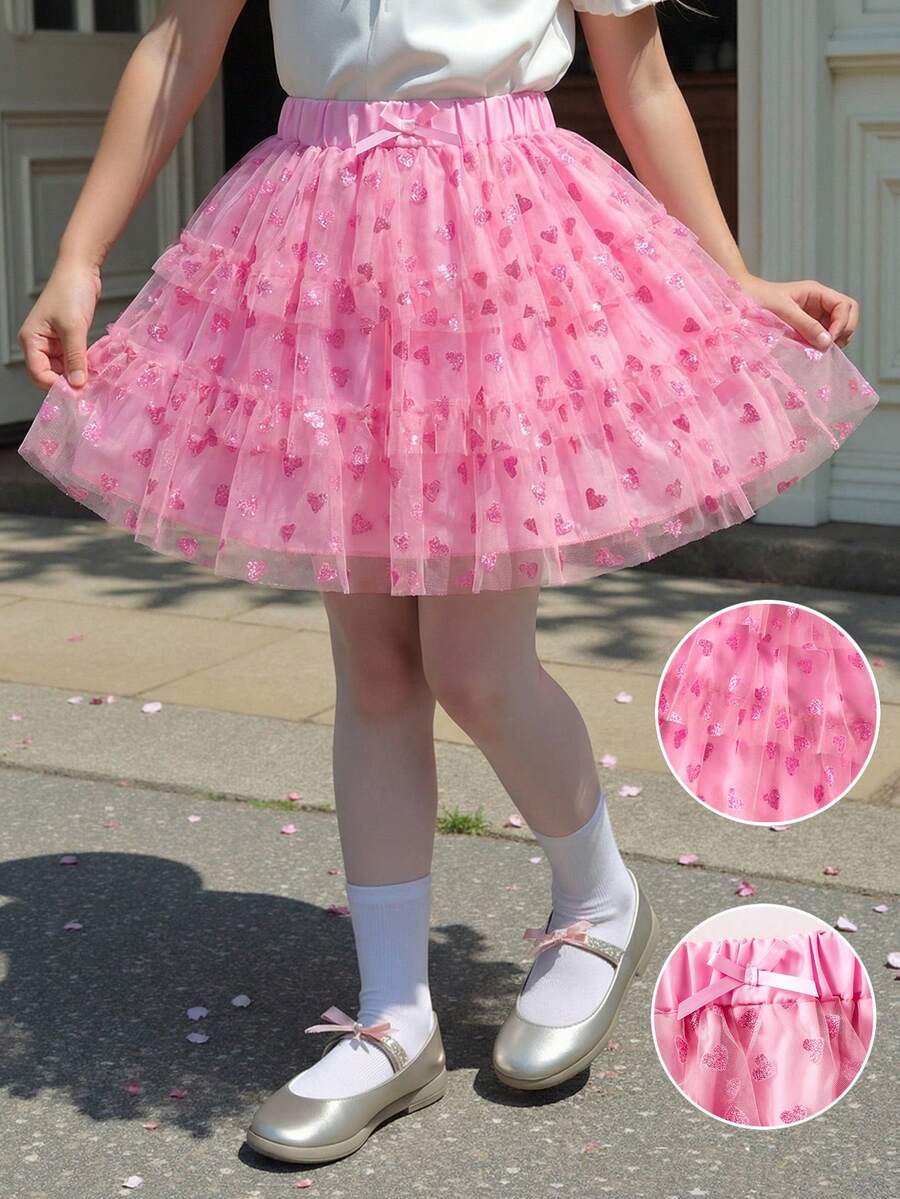 SHEIN Elladie kids Young Girls' Heart Mesh Layered Tulle Skirt, Elegant & Cute For Daily, Vacation Outfit - Purple - View 1