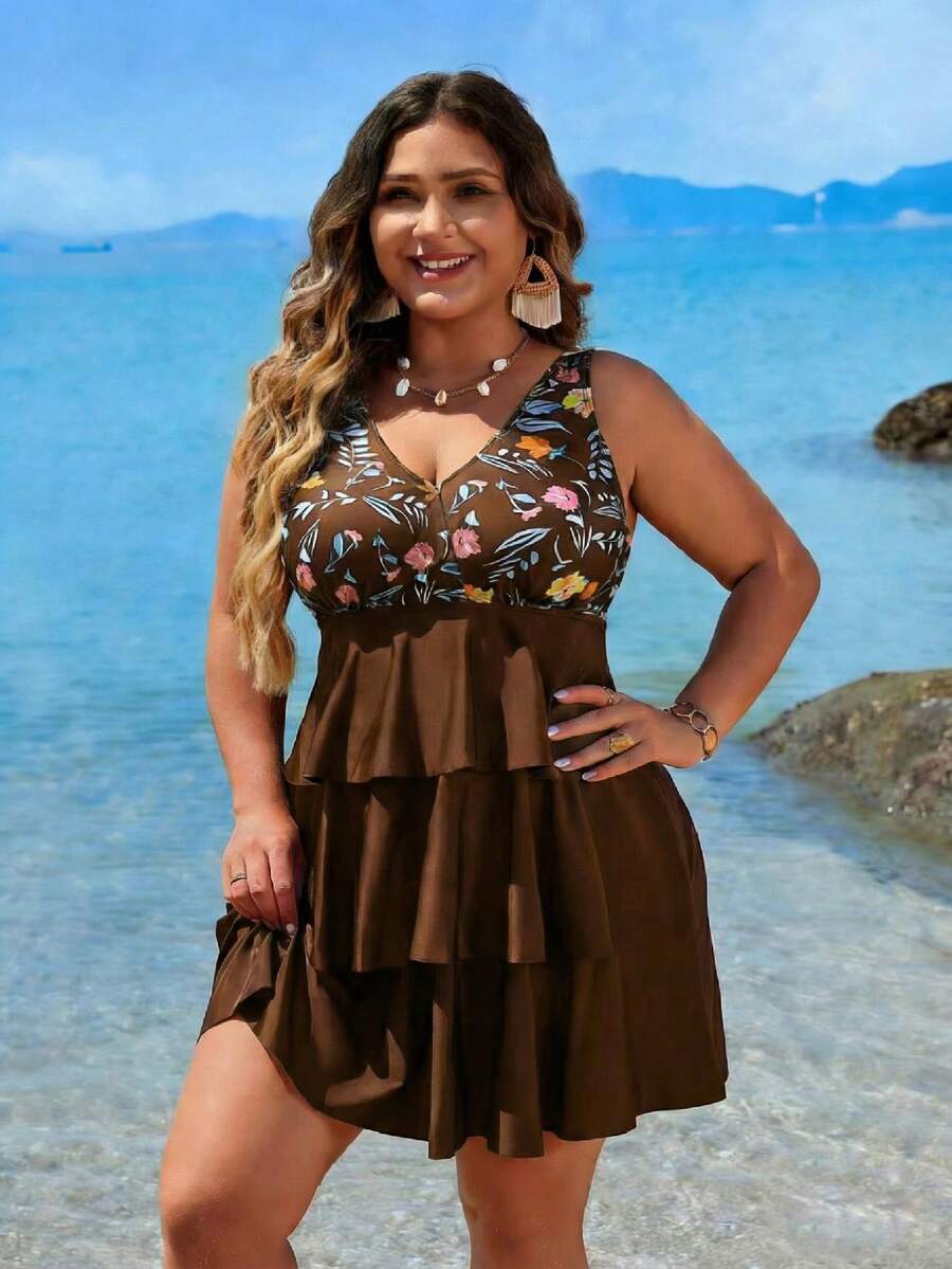 Swim Lushoire Plus Size Floral Print V-Neck Tankini Set (Top And Bottoms) - Multicolor - View 1