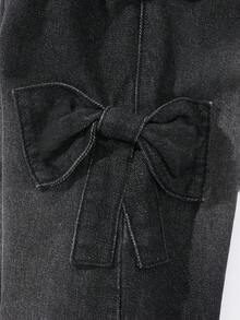 SHEIN Young Girls' Casual All-Match Versatile Cute Bow Pocket Relaxed Straight Leg Washed Jeans, Suitable For Daily Wear - Dark Grey - View 4