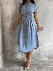 Sunnyshic 女士牛仔超长高开衩连衣裙 - 藍色 - 查看 6