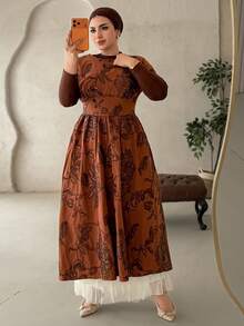 Dazy Plus 亮片刺绣花卉圆领收腰显瘦连衣裙，优雅大码女装，春夏吊带裙 - 棕色 - 查看 1