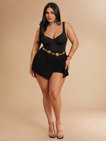 SHEIN BAE Plus Size Women's Summer/Autumn  Camisole Bodysuit With Cup Structure/ Plus Size Bodysuit/ Plus Size Bodysuits For Women Plus/ Plus Size Body Suit/Fall /Autumn/Fall Clothes For Women/Elegant Party Corset/Fall Wedding Guest Bodysuit For Women/Evening Bodysuit Chic Wedding/Party /New Fall Fashion Women/Plus Size/Going Out/Formal Dress Women/Birthday Bodysuit For Women/Black Bodysuit,Sexy, Music Festival, Easter, Beach Vacation, Summer, Beach, Party, Birthday