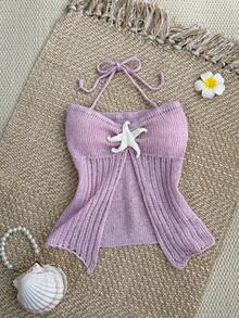 Elamini Y2K Style Women's Casual Cute Island Beach Starfish Element Crochet Hollow Knit Halter Neck Crop Top, Spring/Summer - Pink - View 5