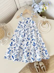 Playful Pals Genkimix 女童印花优雅时尚舒适蝴蝶结装饰吊带中长连衣裙 - 藍色 - 查看 7