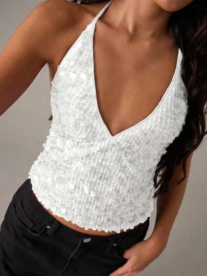 SHEIN BAE Women's Beaded Solid Color Halter Backless Sexy Camisole