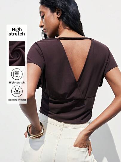 Maija Women's Brown Backless Ruched Waist T-Shirt Open Back Shirts Dark Brown Top  Spring Summer Chic And Cool Beach Outfits  Beach Holiday  Work Outfits For Women Wrap Tops For Women Open Back Tops For Women Twist Front Top