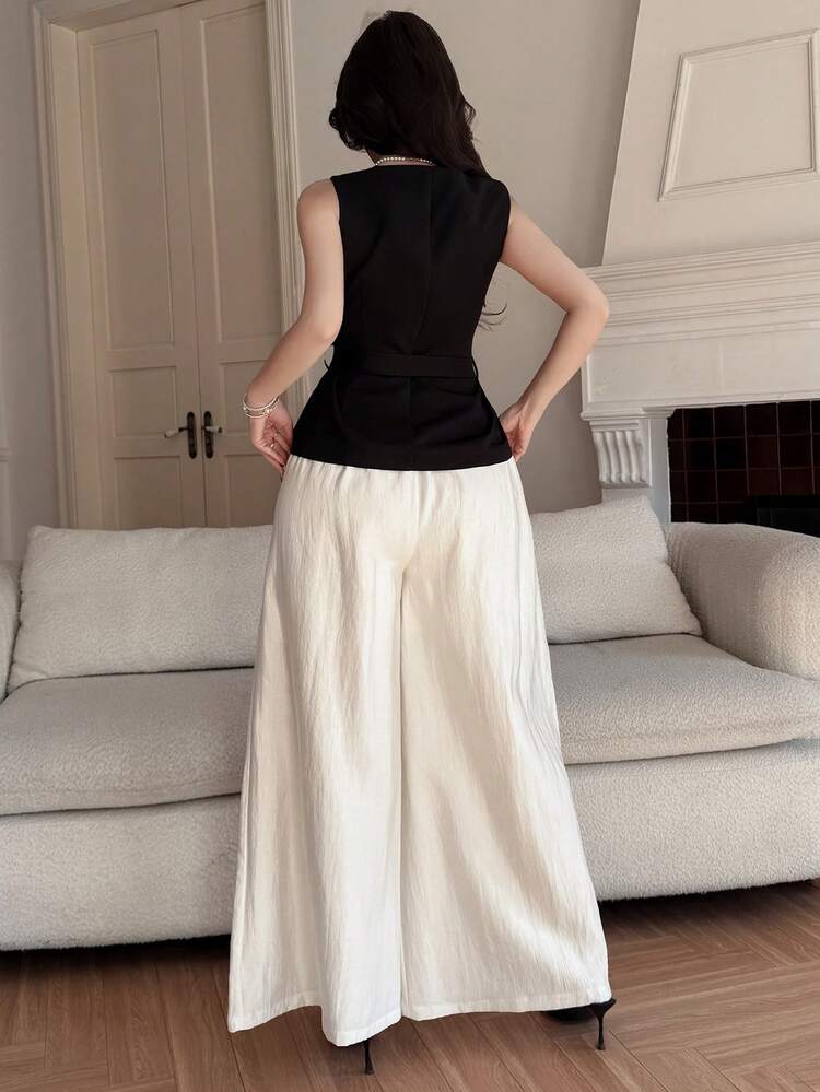 Women's Elegant Contrast Color Camisole And Wide Leg Pants 2 Pieces Set, Spring/Summer,Wedding Guest Dress Women