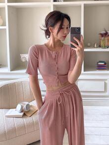 DAZY Bộ đồ mặc nhà mùa hè thoải mái gồm áo khoác và quần màu hồng nhạt cho nữ, gồm 2 món: áo khoác và quần, thích hợp mặc ở nhà. - Hồng - Xem 7