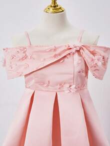 Blush Pink Summer Elegant Cocktail Off-Shoulder Embroidered Mesh Asymmetric High Low Dress For Tween Girls,Suitable For Parties And Outings - Pink - View 4