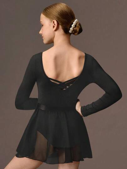 Tween Girls 2PCS Ballet Leotard Set - Black Long Sleeve Hollow Back Ballet Dress & Mesh Tutu Skirt, 4-Way Stretch High Stretch Dance Outfit