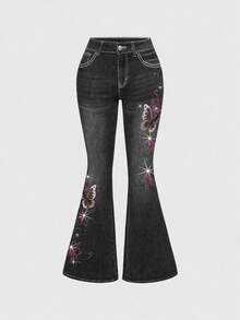 ROMWE Fairycore Women's Retro Y2K Sexy Butterfly Vine Embroidered Rhinestone Flare Jeans - Black - View 1