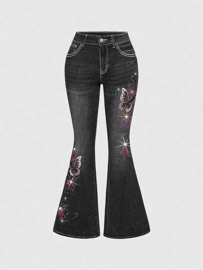 ROMWE Fairycore Women's Retro Y2K Sexy Butterfly Vine Embroidered Rhinestone Flare Jeans