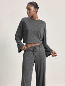 Ocili 2件套舒适柔软竹纤维针织圆领长袖上衣和裤子女士睡衣套装，夏季 - 深灰色 - 查看 4