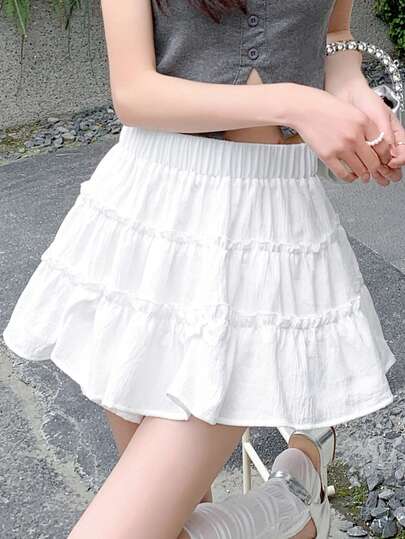 K-Vae 女士纯色弹力腰褶皱时尚百搭约会/旅行半身裙