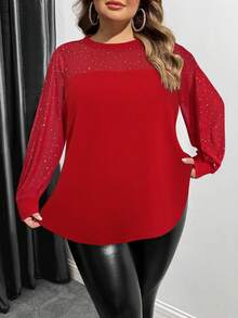 SHEIN CURVE+ 大码长袖女式上衣，日常休闲服装 - 紅色 - 查看 7