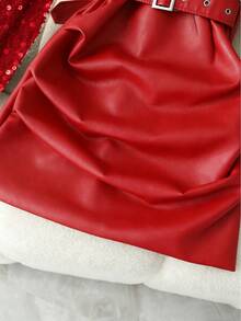 GlowEve Women's Elegant Sequin & Faux Leather Patchwork Ruched Bodycon V-Neck Dress, Slimming Fit, Autumn/Winter - Red - View 5
