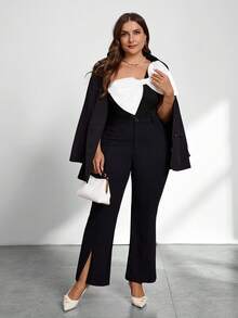 Firerie Plus Size Women's Colorblock Bow Decor Bodysuit, Fashionable & Versatile For Date & Outing - Black and White - View 11