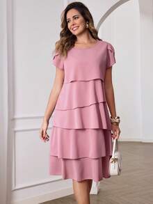 Miaspire 女士纯色圆领花瓣短袖层叠荷叶边下摆时尚连衣裙，适合春夏度假穿着 - 淺粉色 - 查看 7