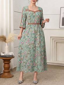 Yasmyna Đầm Abaya nữ in hoa với họa tiết trang trí, đầm midi nữ tay lỡ 3/4 in hoa thanh lịch, đầm in hoa nữ, đầm in hoa màu xanh lá cây. - màu xanh lá - Xem 4