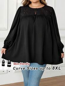 SHEIN CURVE+ Áo kiểu nữ cỡ lớn tay dài cổ tròn thắt nơ phía trước, họa tiết nhiệt đới cổ điển, phong cách Bohemian, trang phục nghỉ dưỡng, Ibiza, mùa thu. - màu đen - Xem 9