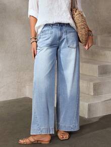 EMERY ROSE 女士口袋纽扣休闲百搭日常穿着阔腿牛仔裤 - 藍色 - 查看 4