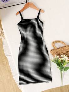 Young Girl's Fashionable & Cute Minimalist Black & White Striped Patchwork Fitted Long Camisole Dress, Summer - Black and White - View 2