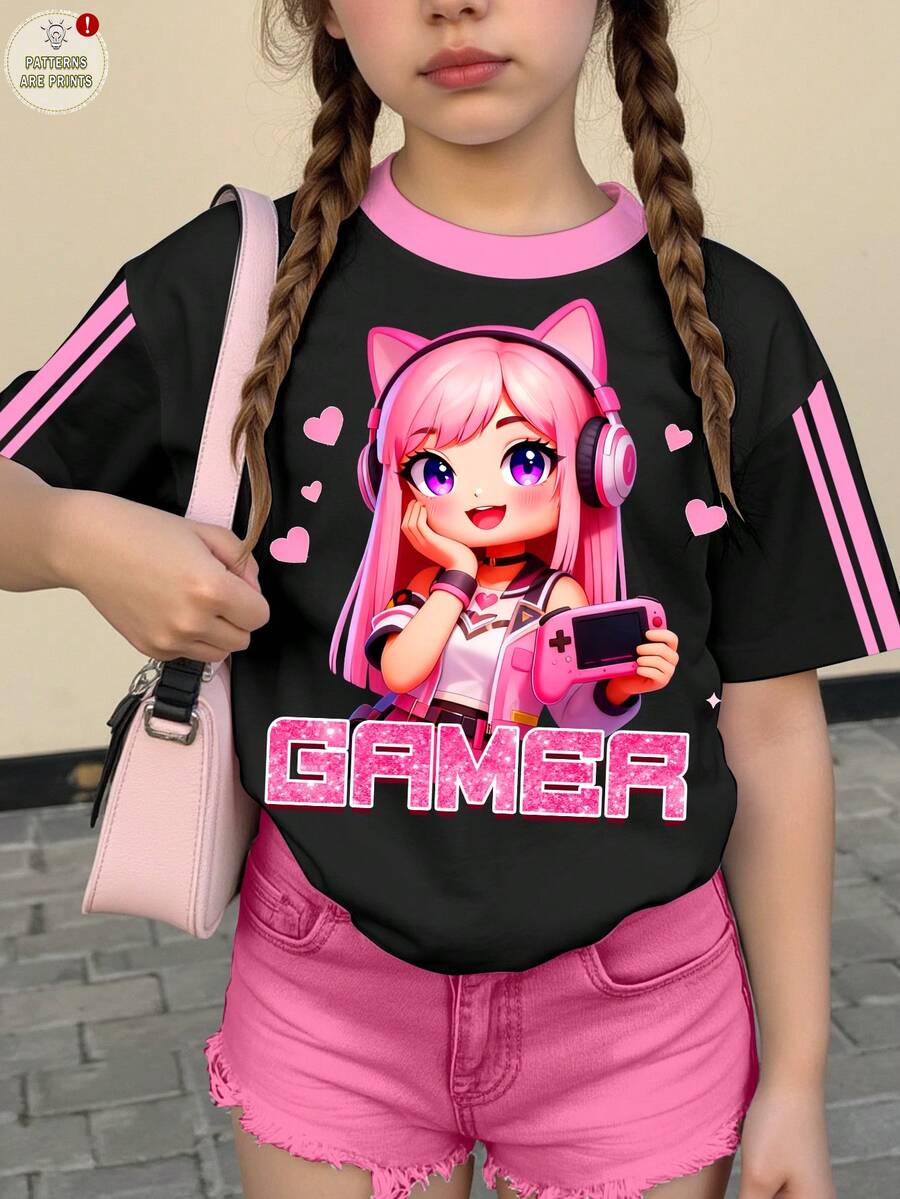 少女时尚卡通游戏印花撞色条纹休闲短袖圆领T恤,适合夏季穿着 - 彩色 - 查看 1