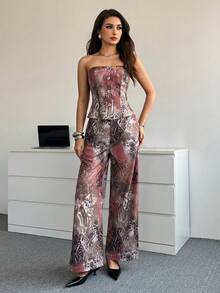 Modelyn Women's Leopard Print Single-Breasted Camisole Top And Pants Fashion 2 Pieces Set - Brown - View 3