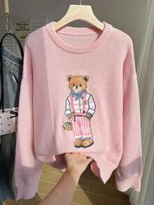 Comfortcana Fashionable Pink Crew Neck Knitted Teddy Bear Sweater - Pink - View 3